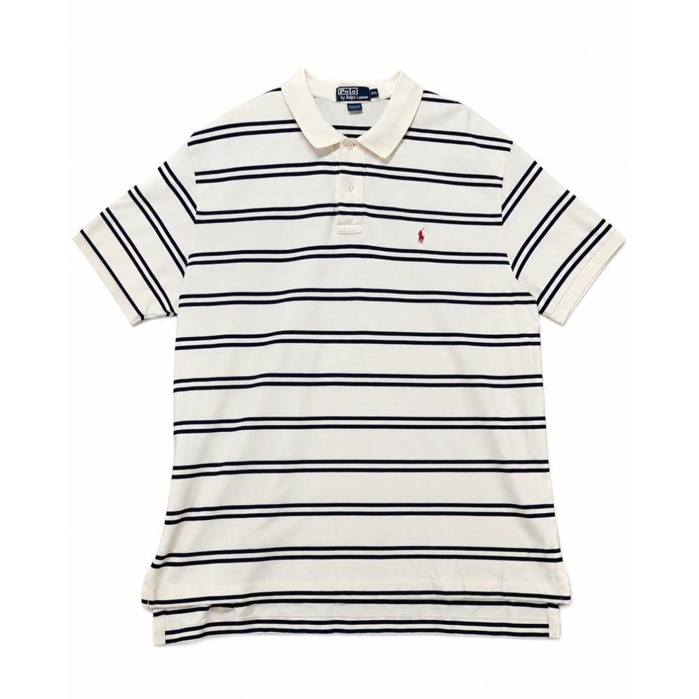 Polo Ralph Lauren Mens XXL Cream Navy Blue Striped Cotton Pique Polo Shirt